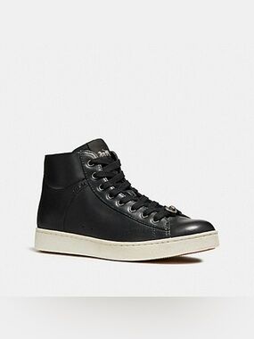 Coach Wmns Black Leather High-Top Sneaker with White Sole size 7